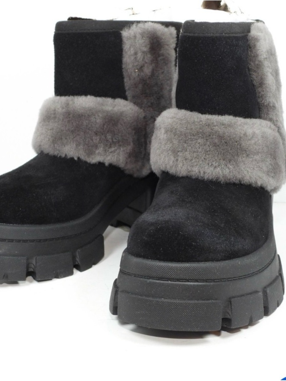 UGG Black Suede Platform Ankle Boots with Gray Fur Cuff